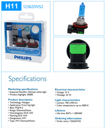 TopLEDverlichting.nl H11 55 Watt Philips Diamond Vision lampen 5000K White 12V (set) foto 2