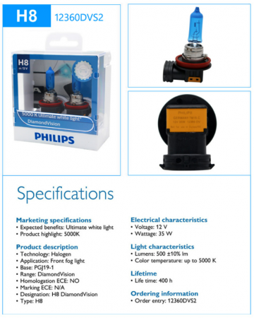 TopLEDverlichting.nl H8 35 Watt Philips Diamond Vision lampen 5000K White 12V (set) foto 2