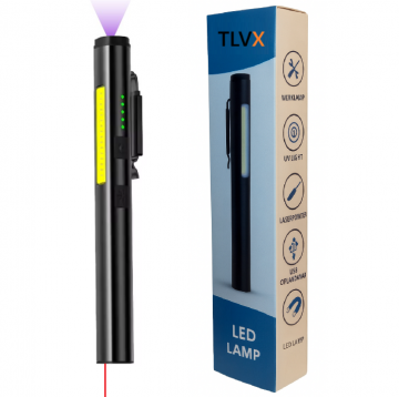 TopLEDverlichting.nl Laser LED lamp 4-in-1 - Zaklamp - Werklamp - Looplamp - UV lamp - Rode Laserpen - Oplaadbare Accu - Magnetisch - Sterke Aluminium Noodlamp - Waterproof foto 1