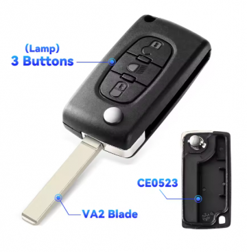 TopLEDverlichting.nl Peugeot en Citroën / Sleutelbaard VA2 / Sleutelcode CE0523 / 3 knops / Licht knop /  Lamp knop / 3 knoppen Autosleutel behuizing foto 2